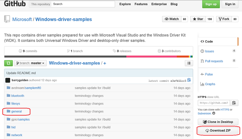 Skärmbild av sidan GitHub windows-driver-samples som markerar mappen 'general' och nedladdningsknappen för zip-fil.