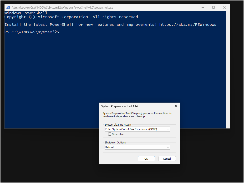 Screenshot that shows PowerShell as the default system shell