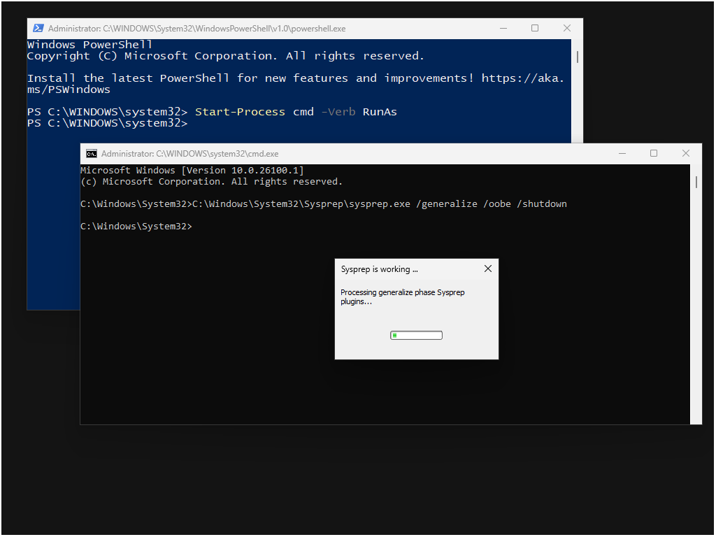 Screenshot that shows the sysprep command with Powershell as the default system shell