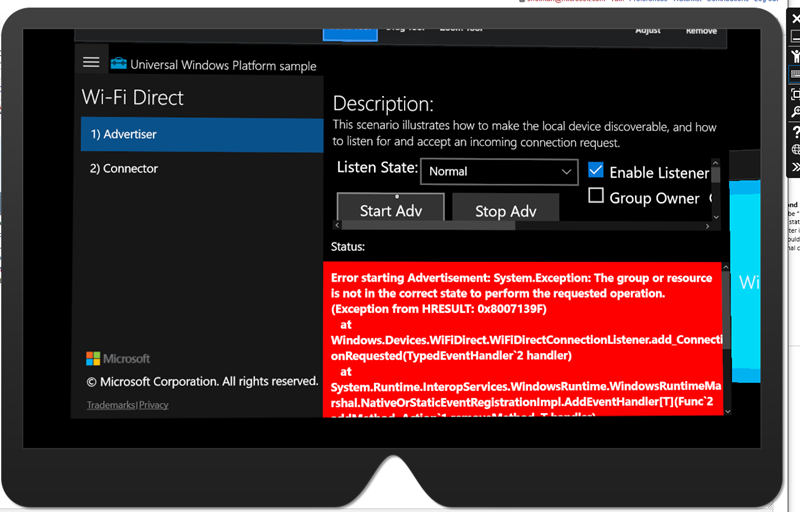 HoloLens-emulatorn har lästs in med ett UWP-exempel som visar ett systemfel