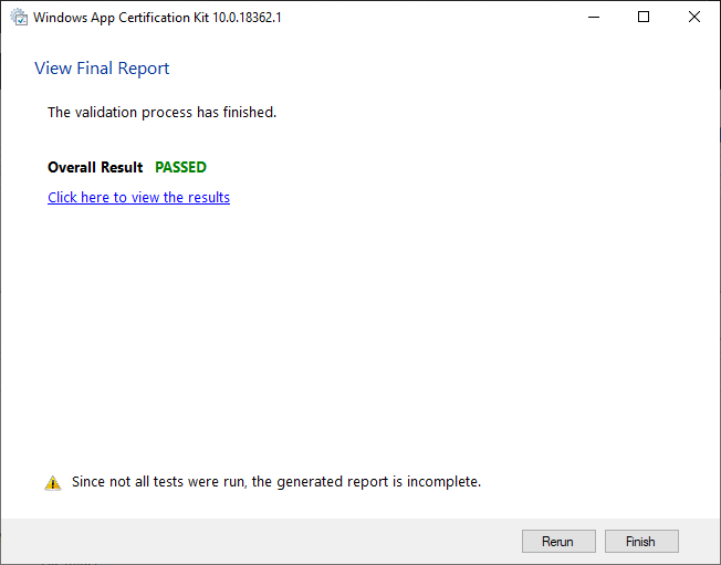 Skärmbild av slutrapportresultat i Certifieringspaket för Windows-appar