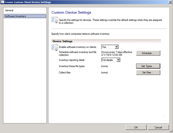 Software Inventory settings for devices.