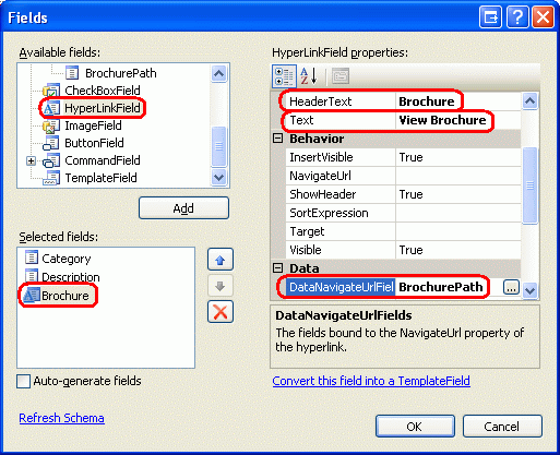 BrochurePath için HyperLinkField ekleme