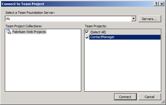 Takım Projesine Bağlan iletişim kutusunda, bağlanmak istediğiniz TFS örneğini seçin, takım projesi koleksiyonunu seçin, eklemek istediğiniz takım projesini seçin ve bağlan'a tıklayın.