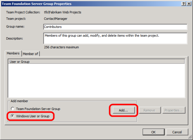Team Foundation Server Grup Özellikleri iletişim kutusunda Windows Kullanıcı veya Grup'u seçin ve ekle'ye tıklayın.