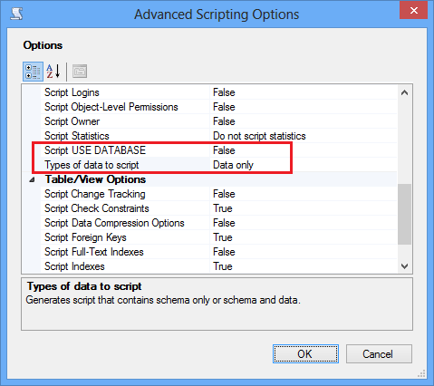 Yalnızca SSMS Betik Verileri, USE deyimi yok