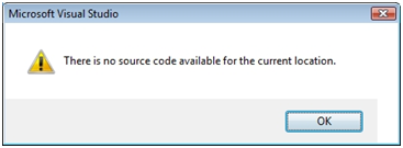 Hata ayıklama için kullanılabilir kaynak kodu olmadığında gösterilen hata iletişim kutusu.