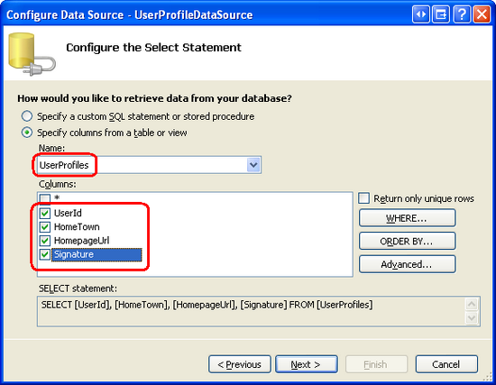 UserProfiles Tablosundaki Tüm Sütunları Geri Getir