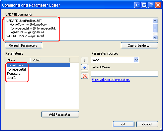 SqlDataSource'un UpdateCommand ve UpdateParameters değerlerini belirtin