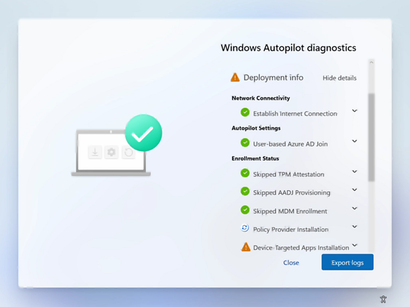 Ayrıntıları gösterecek şekilde genişletilmiş Windows Autopilot tanılama sayfası.