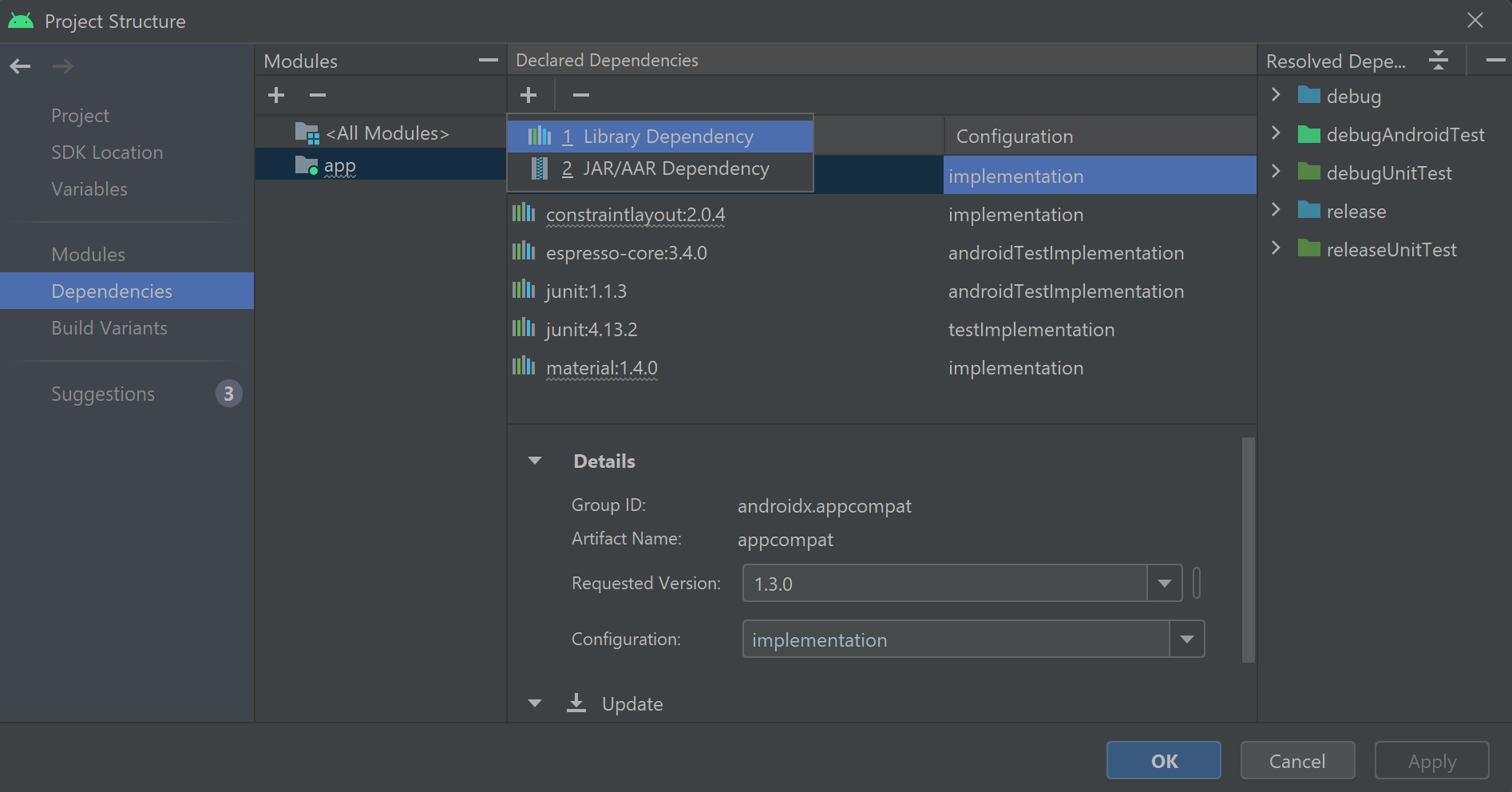 Android Studio'da kitaplık bağımlılığı eklemeyi gösteren ekran görüntüsü.