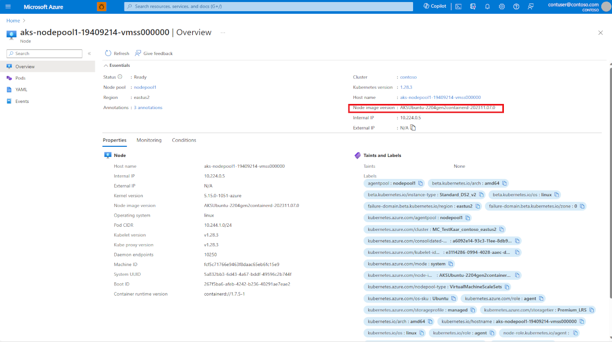 Azure portalında AKS kümesinin düğümler sayfasının ekran görüntüsü. Düğüm görüntüsü sürümü etiketi, temel düğüm görüntüsünü ve uygulanan en son güvenlik düzeltme eki tarihini açıkça gösterir.