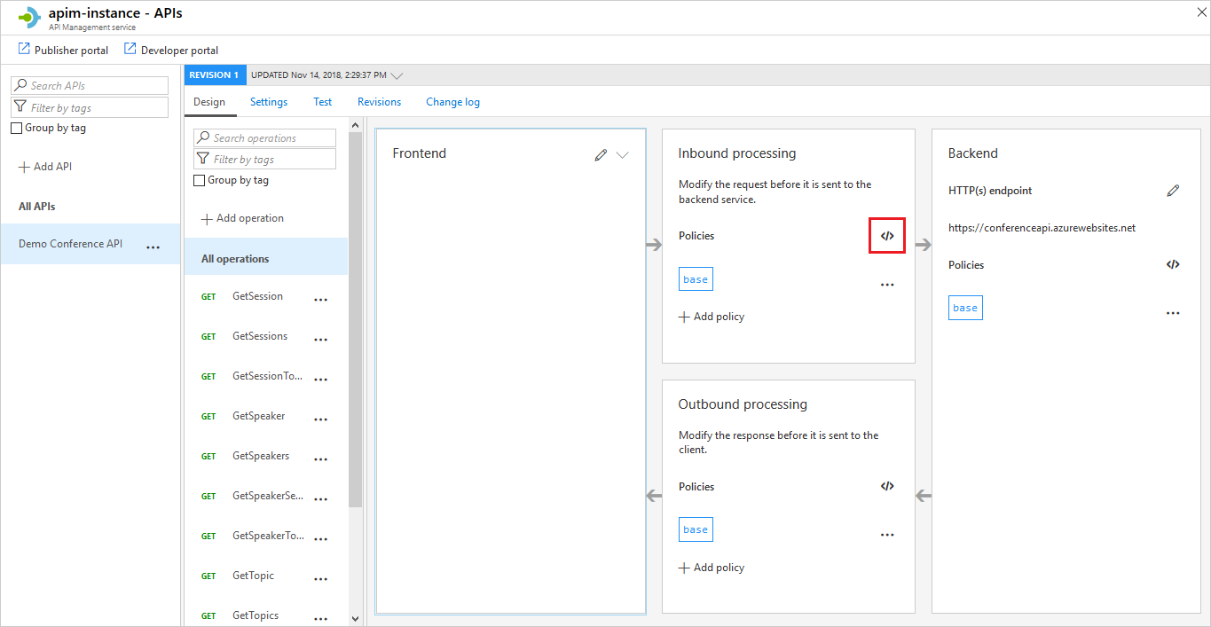 Portalda API Management ilke düzenleyicisinin ekran görüntüsü.