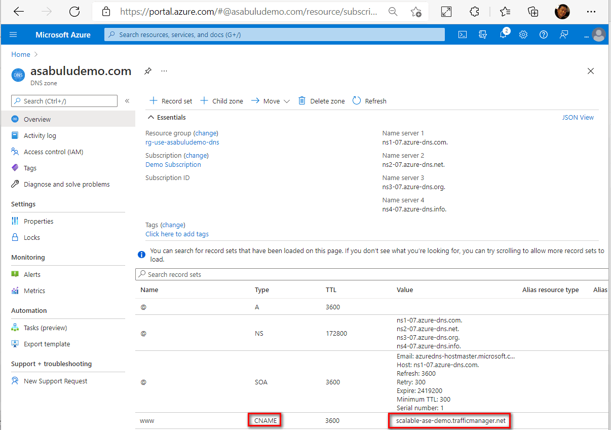 DNS'de CNAME kaydını yapılandırma işleminin ekran görüntüsü.