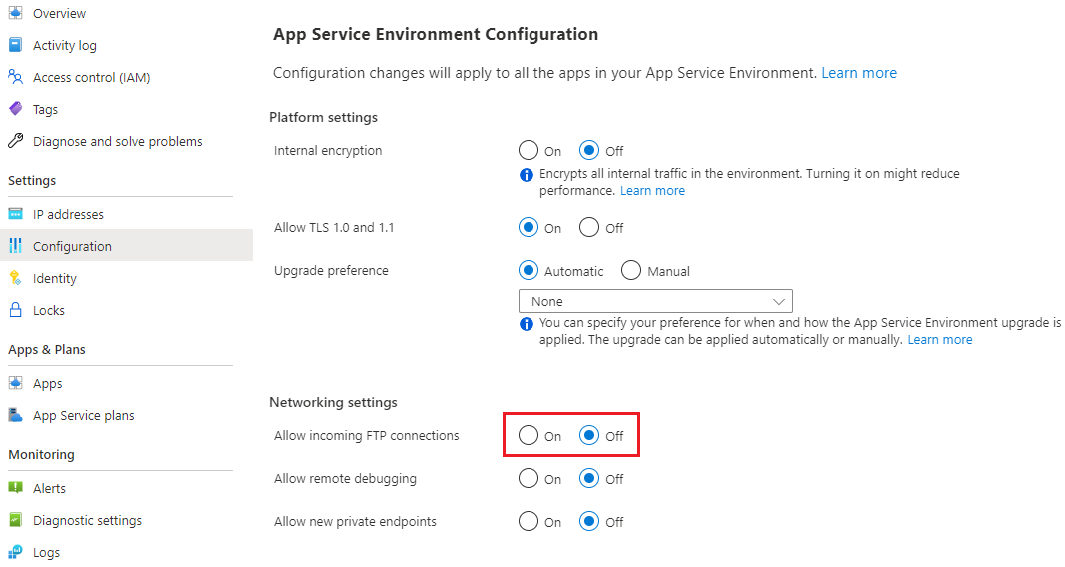 gelen ftp bağlantılarına izin vermek için App Service Ortamı yapılandırma Azure portal ekran görüntüsü.