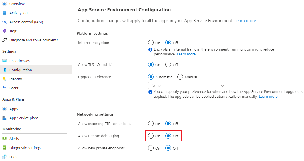 uzaktan hata ayıklamaya izin vermek için App Service Ortamı yapılandırma Azure portal ekran görüntüsü.