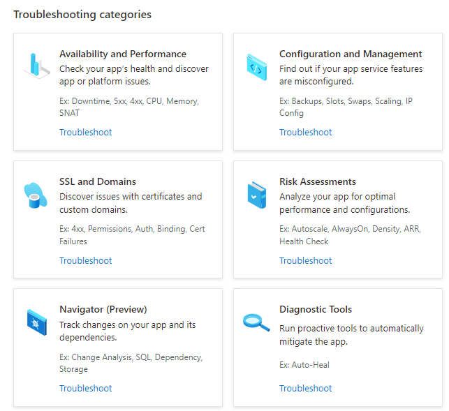 App Service Sorunları tanılama ve çözme Kullanılabilirlik ve Performans, Yapılandırma ve Yönetim, SSL ve Etki Alanları, Risk Değerlendirmeleri, Gezgin (Önizleme) ve Tanılama Araçları'nı görüntüleyen kategoriler listesinin sorunlarını giderme.