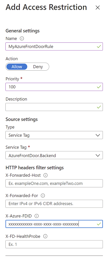 Azure portalında Azure Front Door kısıtlamasının nasıl ekleneceğini gösteren 'Erişim Kısıtlamaları' sayfasının ekran görüntüsü.