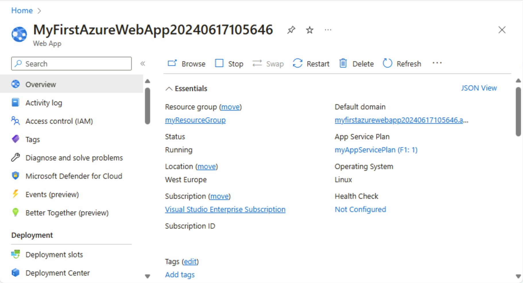 Azure portalı - App Service'e genel bakış sayfasının ekran görüntüsü.