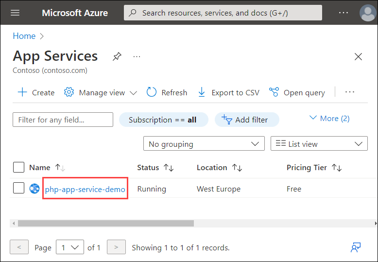 Azure'daki App Services listesinin ekran görüntüsü. Demo uygulama hizmetinin adı vurgulanır.