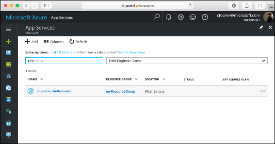 Azure uygulamasına portal gezintisi