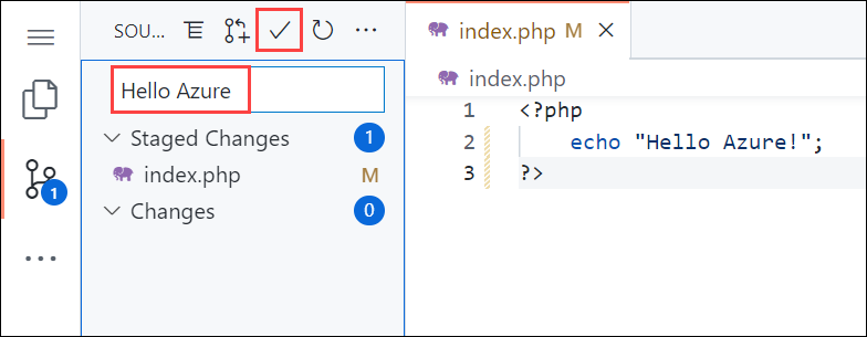 Tarayıcıda Visual Studio Code'un ekran görüntüsü, Kaynak Denetim masası ve 'Hello Azure' işleme iletisi ve İşleme ve gönderme düğmesi vurgulanmış.