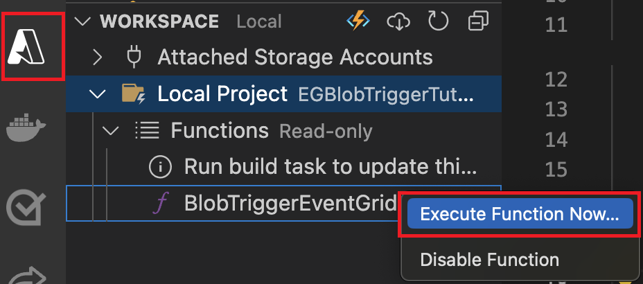 Visual Studio Code'daki yerel proje çalışma alanında bulunan işlevden İşlevi Şimdi Yürüt düğmesini seçmeyi gösteren ekran görüntüsü.