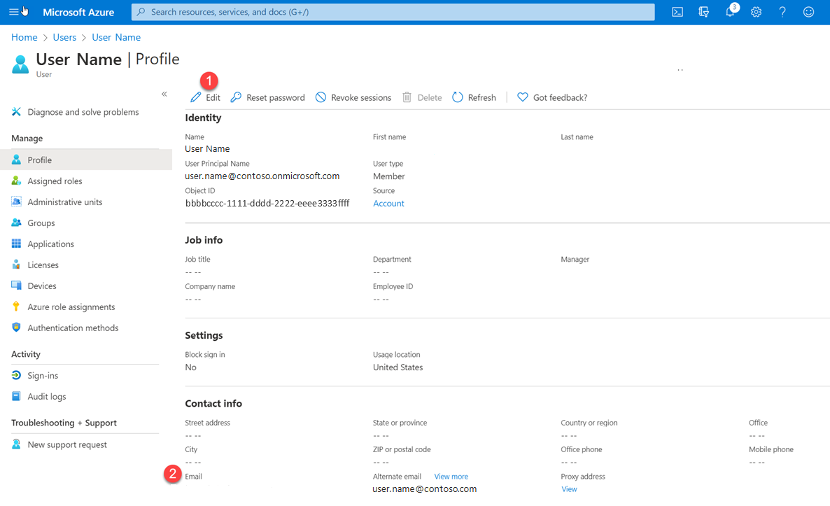 Azure portalında bir kullanıcı profili sayfasını gösteren ekran görüntüsü. Düzenle düğmesi ve E-posta kutusu çağrılır.