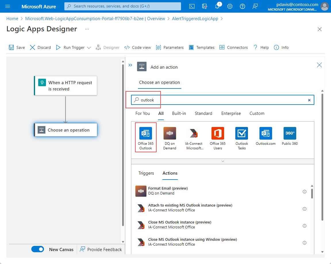 Office 365 Outlook'un seçili olduğu Logic Apps Tasarımcısı'nın Eylem ekle sayfasını gösteren ekran görüntüsü.