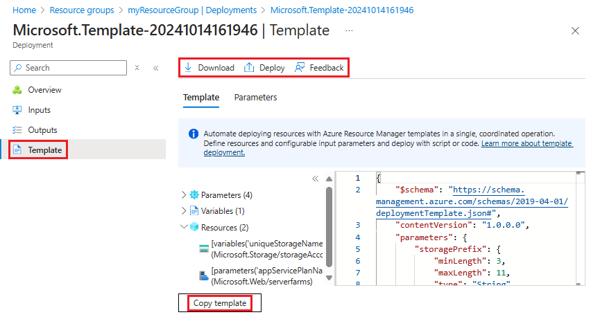 Azure portalında belirli bir dağıtım için kullanılan şablonu seçme işleminin ekran görüntüsü.