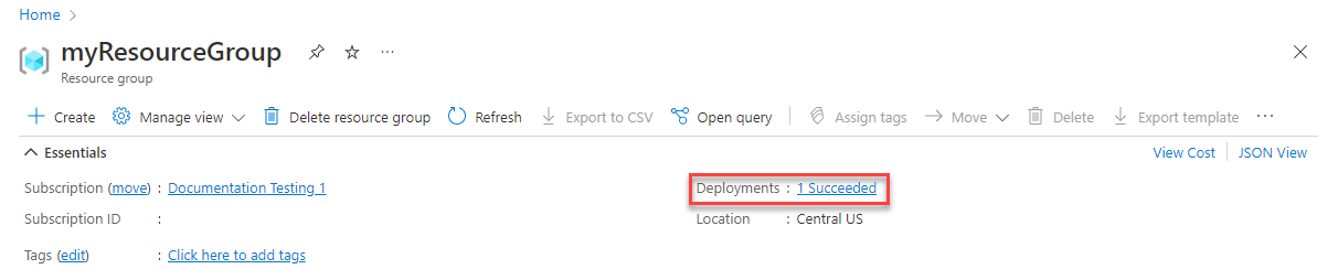 Kaynak grubunun Temel Parçalar bölümünde dağıtım durumunu gösteren Azure portal ekran görüntüsü.