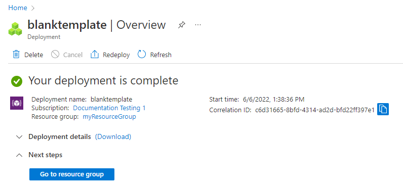 Blanktemplate dağıtımının dağıtım özetini gösteren Azure portal ekran görüntüsü.