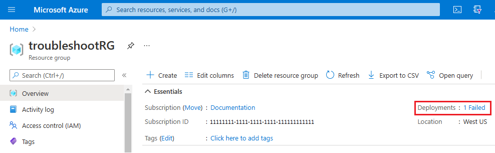 Dağıtım geçmişi bölümünde kırmızı ünlem işareti simgesiyle başarısız dağıtımı gösteren Azure kaynak grubuna genel bakış sayfasının ekran görüntüsü.