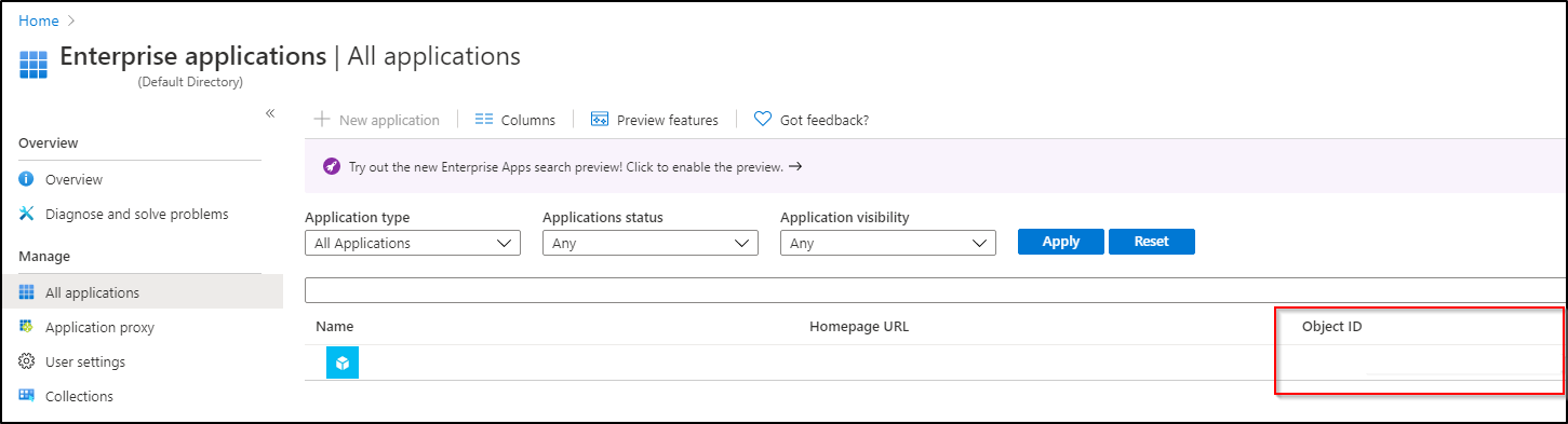 SQL Yönetilen örneğinin Nesne Kimliği vurgulanmış bir Microsoft Entra ID kaynağının Kurumsal uygulamalar sayfasının ekran görüntüsü.