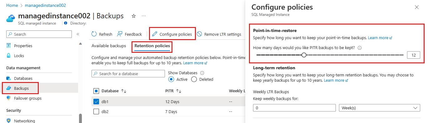 Yönetilen örnek için PITR saklamayı değiştirmek için Azure portalı yedekleme ayarlarının ekran görüntüsü.