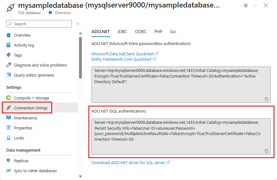 ADO.NET bağlantı dizesi gösteren ekran görüntüsü.