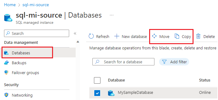 'Taşı' ve 'Kopyala' seçeneklerinin vurgulandığı Azure SQL Yönetilen Örneği için 'Veritabanları' sayfasının ekran görüntüsü.