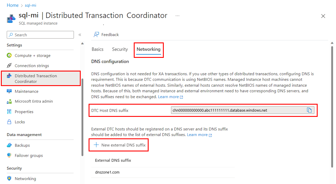 Azure portalında yönetilen örneğinizin DTC bölmesinin Ağ sekmesini gösteren ve Yeni dış DNS soneki vurgulanmış ekran görüntüsü.