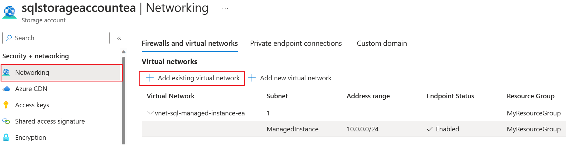 Mevcut sanal ağı ekle'nin seçili olduğu Azure portalının Depolama Hesabı Ağı sayfasının ekran görüntüsü.