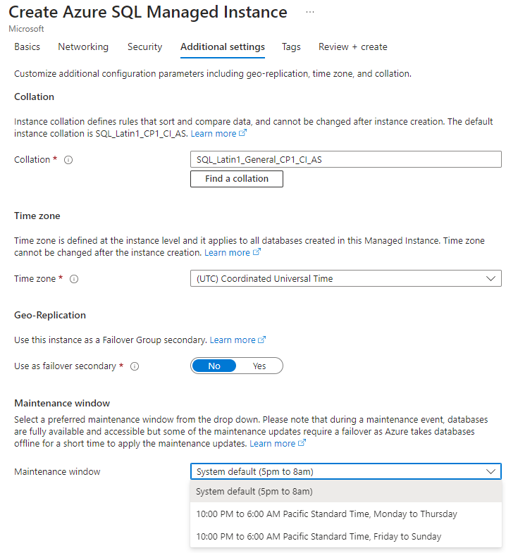 Azure portalının ekran görüntüsü. Azure SQL yönetilen örneği oluştur, Ek ayarlar sekmesinde Bakım penceresi açılır menüsü açılır.