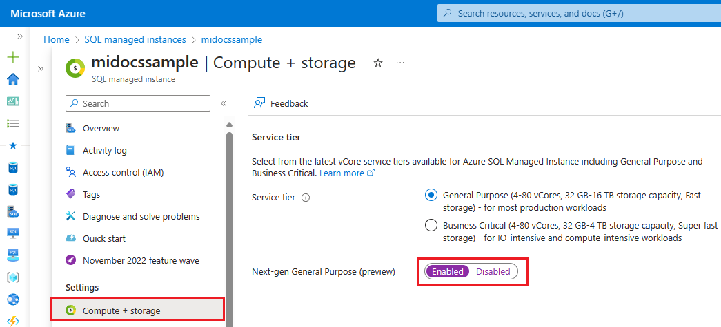 Azure portalında örneğinizin işlem ve depolama sayfasının ekran görüntüsü ve yeni nesil genel amaçlı seçili durumda.