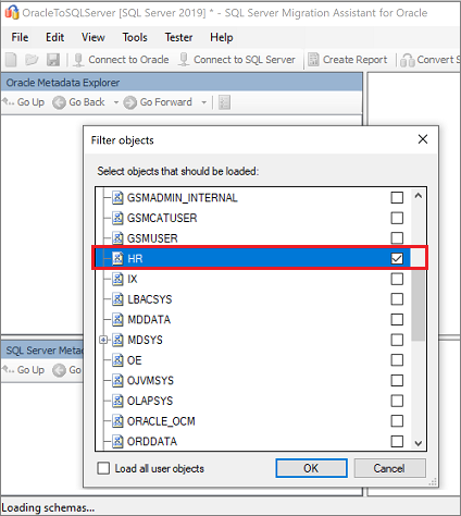 Geçirilebilen Oracle şemalarının listesini gösteren ekran görüntüsü.