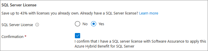 SQL VM Lisansı seçeneklerinin Azure portalındaki ekran görüntüsü.