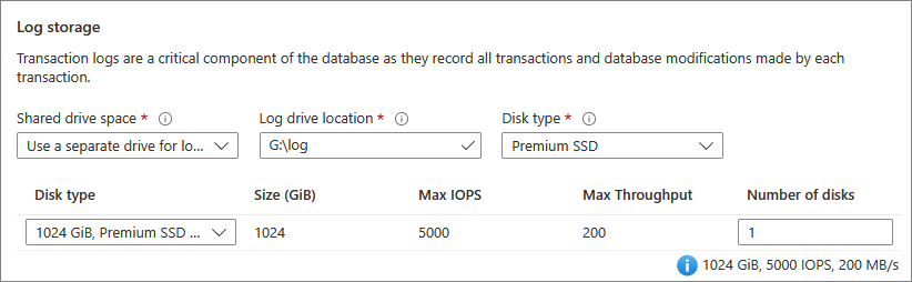 SQL VM'niz için işlem günlüğü depolama alanını nerede yapılandırabileceğinizi gösteren ekran görüntüsü.