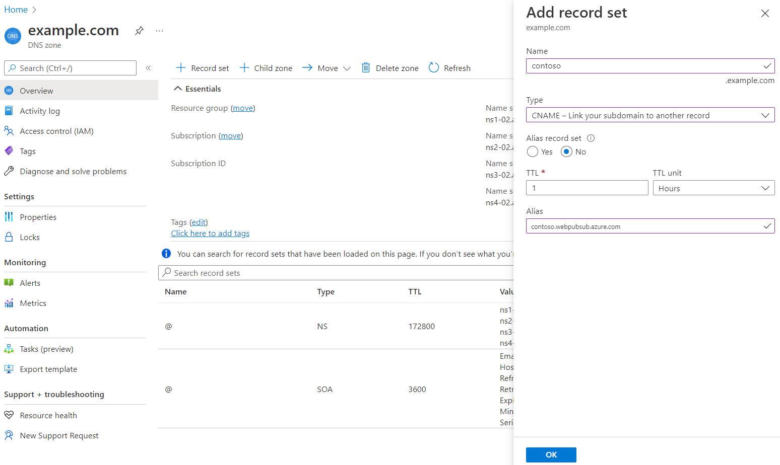 Azure DNS Bölgesi'nde CNAME kaydı eklemeyi gösteren ekran görüntüsü.