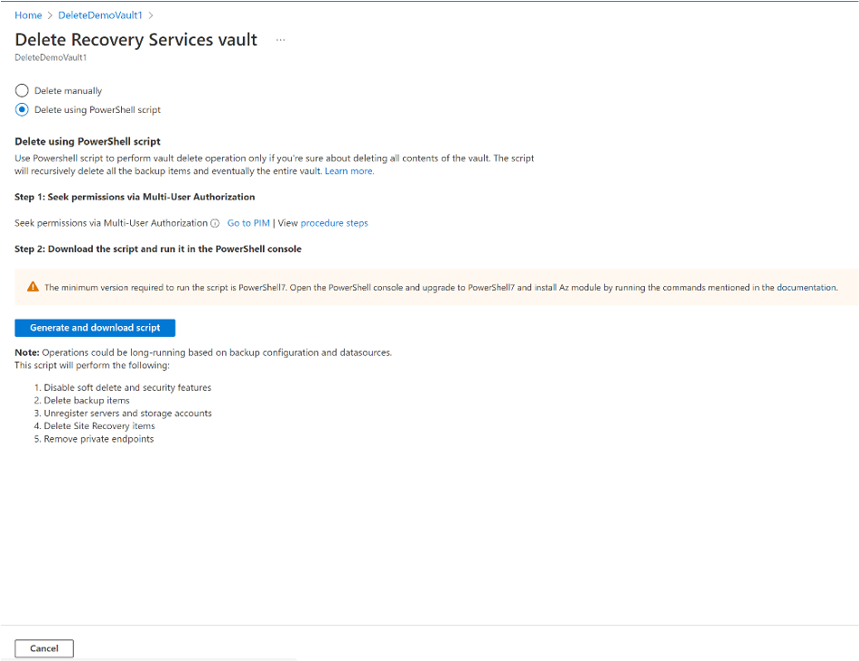 Kasayı silme PowerShell betiğini oluşturma işlemini gösteren ekran görüntüsü.