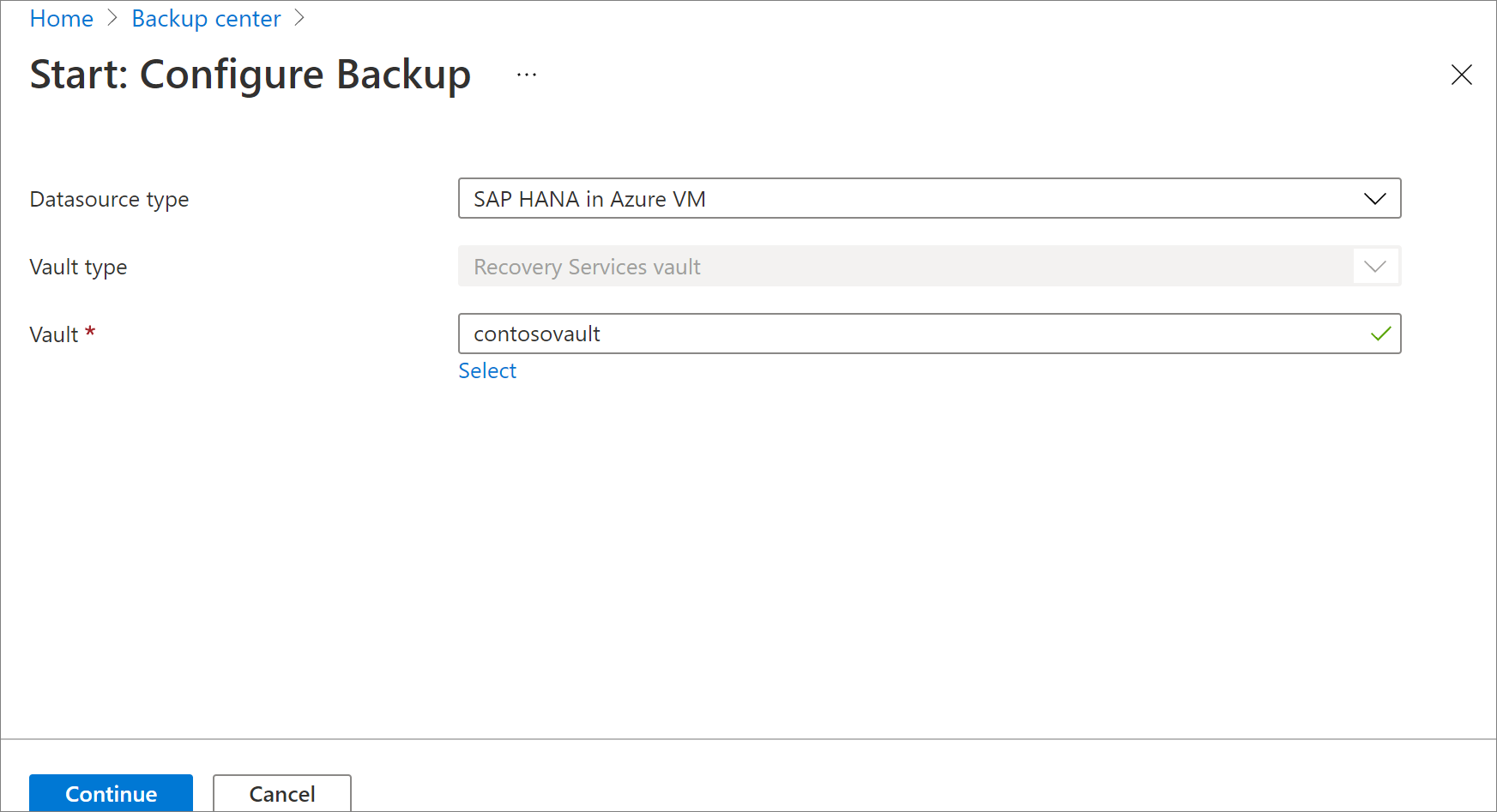 Azure VM'de SAP HANA veritabanı seçmeyi gösteren ekran görüntüsü.