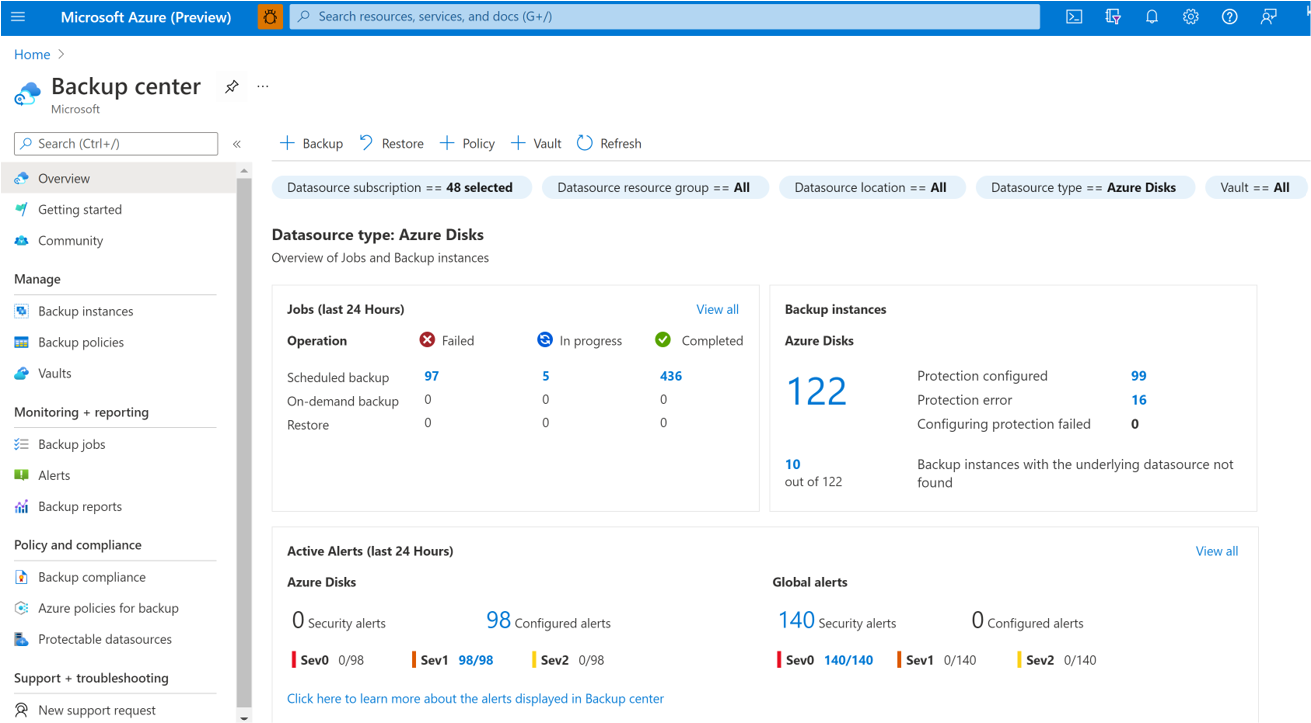 Azure Disk yedeklemesini başlatma seçeneğini gösteren ekran görüntüsü.