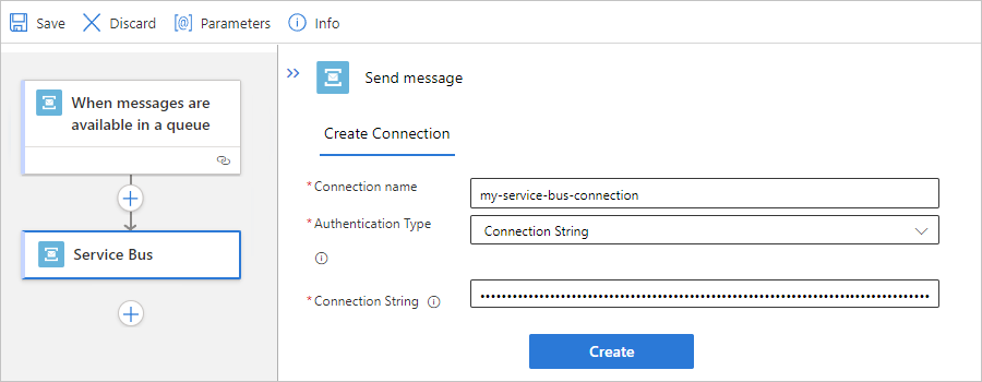 Standart iş akışı, Service Bus yerleşik eylemi ve örnek bağlantı bilgilerini gösteren ekran görüntüsü.