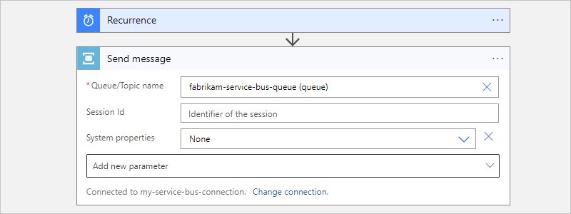 Tüketim iş akışını, Service Bus eylemini ve örnek eylem bilgilerini gösteren ekran görüntüsü.